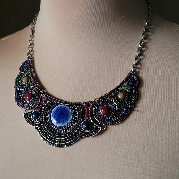 Statement Bib Necklace with Colorful Beading and Stone Accents - Picture 4 of 7